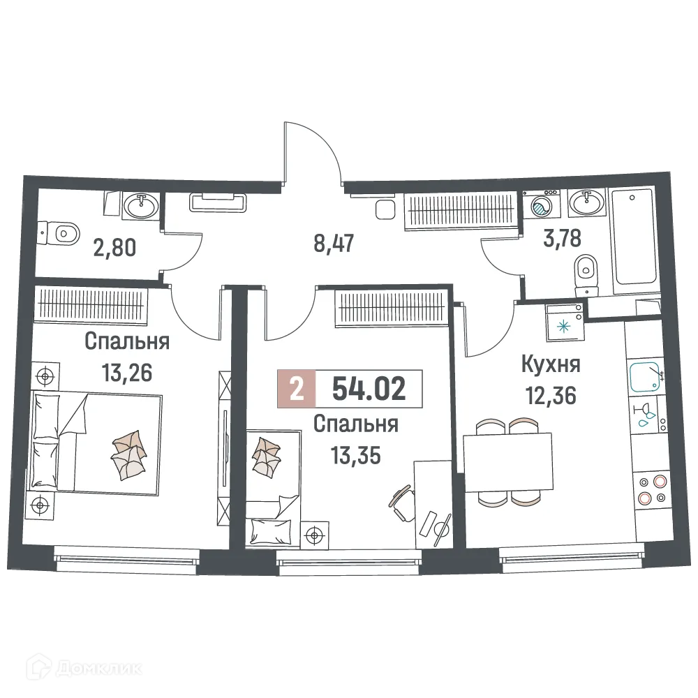 Планировка 2-комнатной квартиры 54.02 м² в ЖК "Авиатор", г. Мурино — фото 1