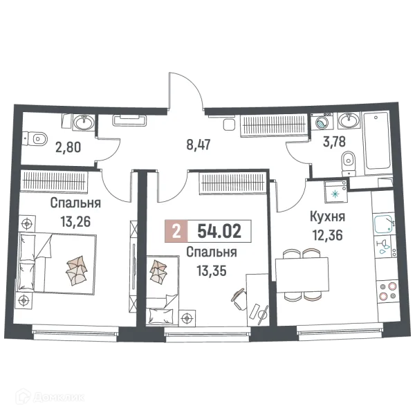 Планировка 2 комн. в ЖК "Авиатор"