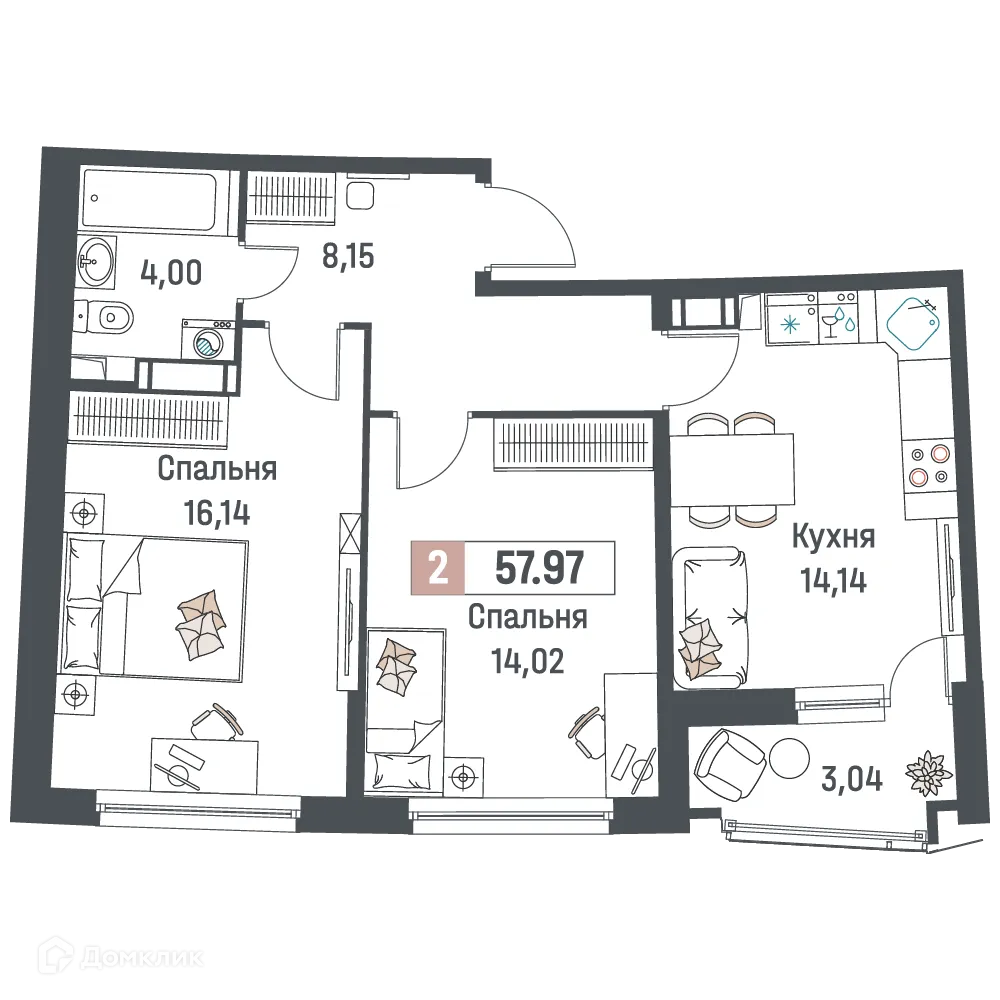 Планировка 2-комнатной квартиры 57.97 м² в ЖК "Авиатор", г. Мурино — фото 1