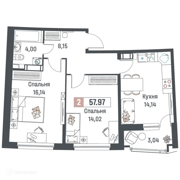 Планировка 2 комн. в ЖК "Авиатор"