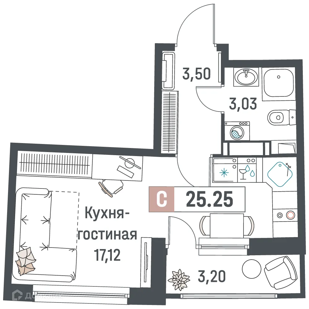 Планировка студии квартиры 25.25 м² в ЖК "Авиатор", г. Мурино — фото 1