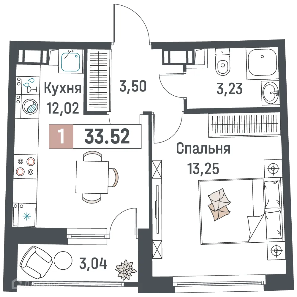 Планировка 1-комнатной квартиры 33.52 м² в ЖК "Авиатор", г. Мурино — фото 1