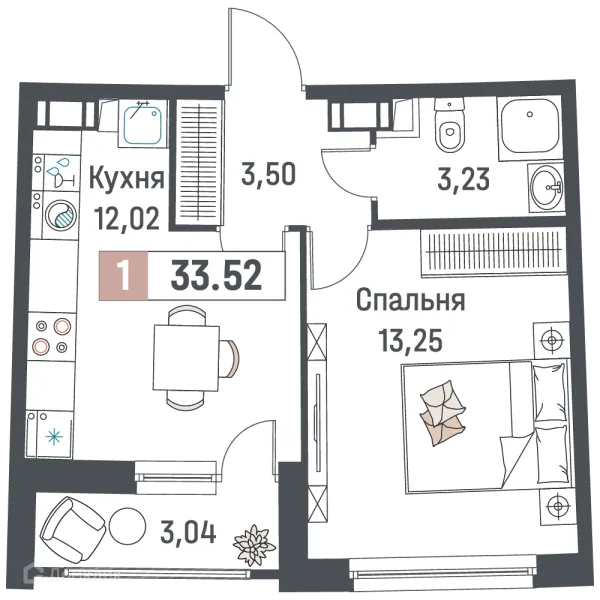 Планировка 1 комн. в ЖК "Авиатор"