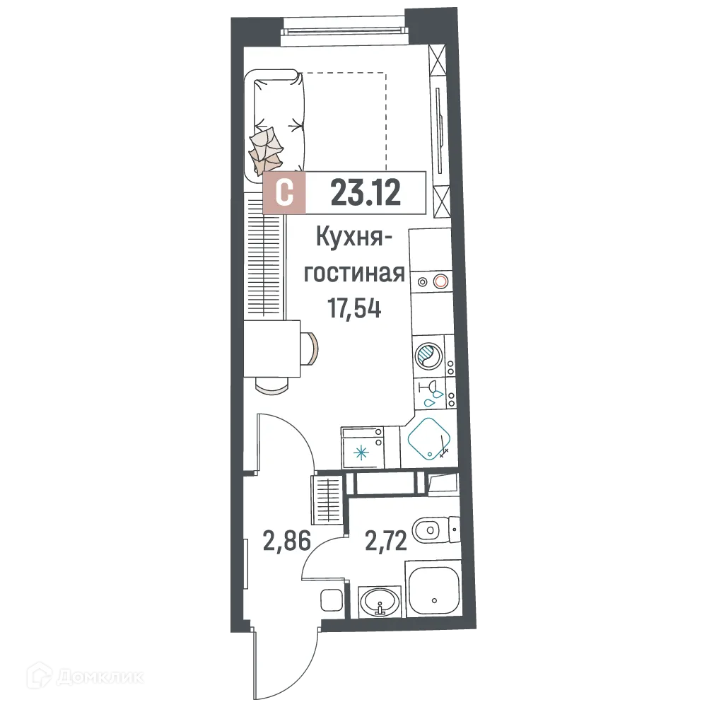 Планировка студии квартиры 23.12 м² в ЖК "Авиатор", г. Мурино — фото 1