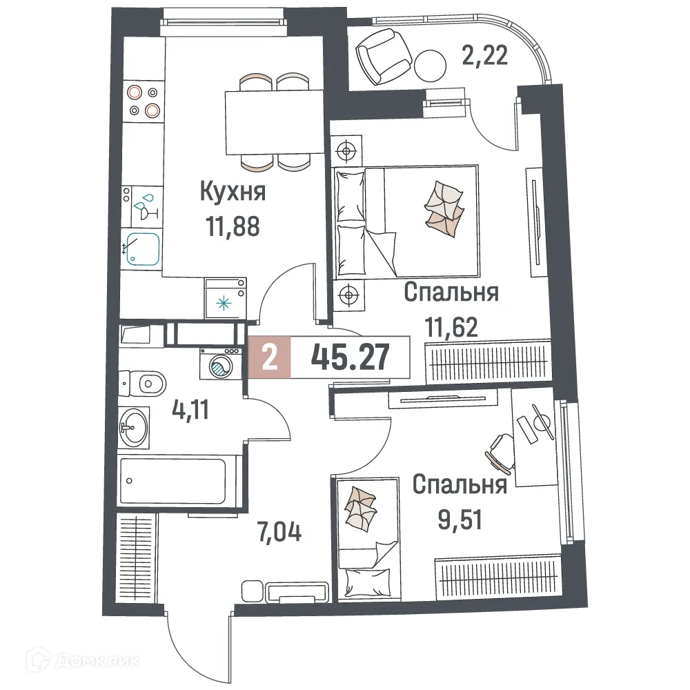 Планировка 2-комнатной квартиры 45.27 м² в ЖК "Авиатор", г. Мурино — фото 1