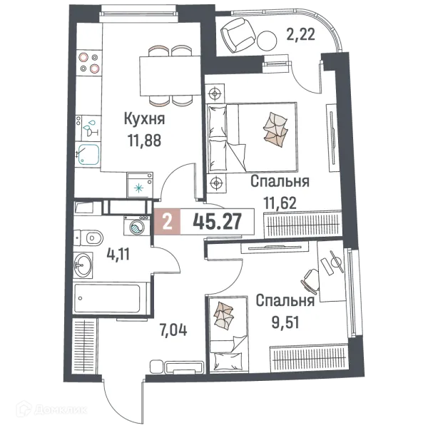 Планировка 2 комн. в ЖК "Авиатор"