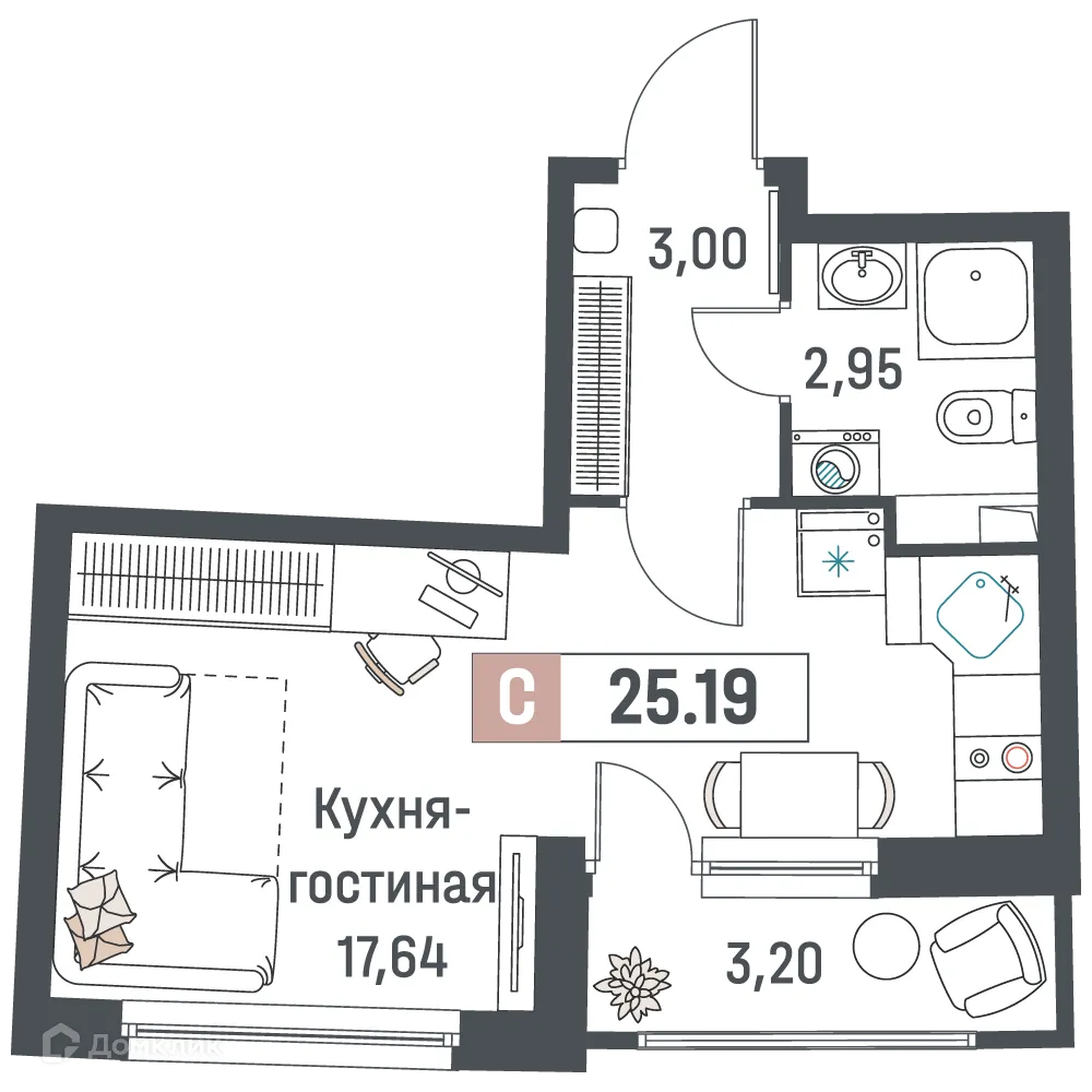 Планировка студии квартиры 25.19 м² в ЖК "Авиатор", г. Мурино — фото 1
