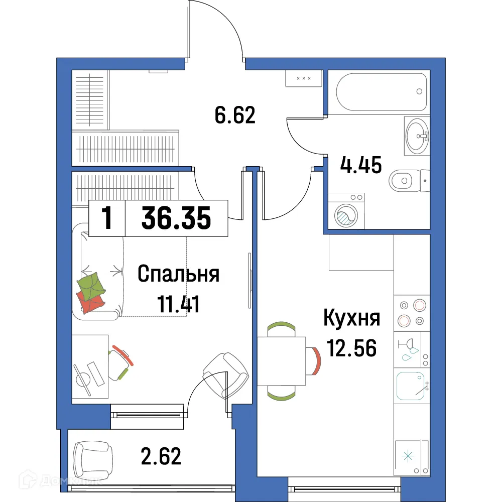 Планировка 1-комнатной квартиры 36.35 м² в ЖК "Урбанист-2", г. Мурино — фото 1