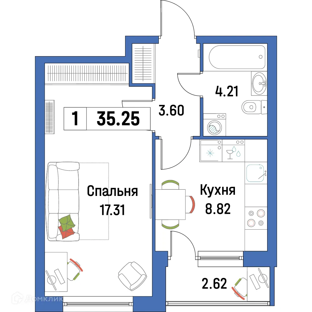 Планировка 1-комнатной квартиры 35.25 м² в ЖК "Урбанист-2", г. Мурино — фото 1