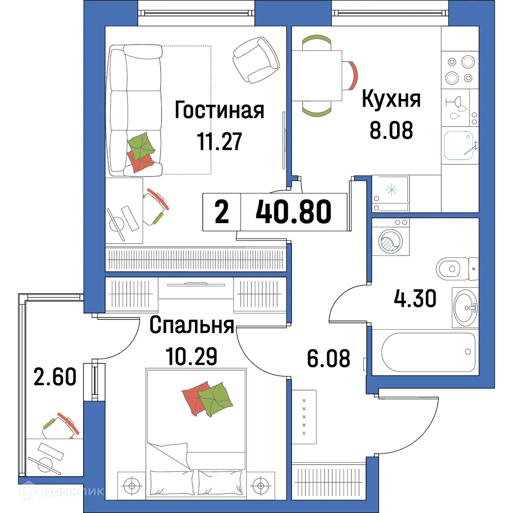 Планировка 2-комнатной квартиры 40.8 м² в ЖК "Урбанист-2", г. Мурино — фото 1