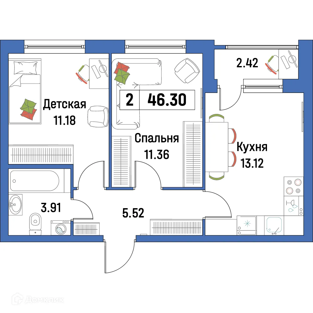 Планировка 2-комнатной квартиры 46.3 м² в ЖК "Урбанист-2", г. Мурино — фото 1