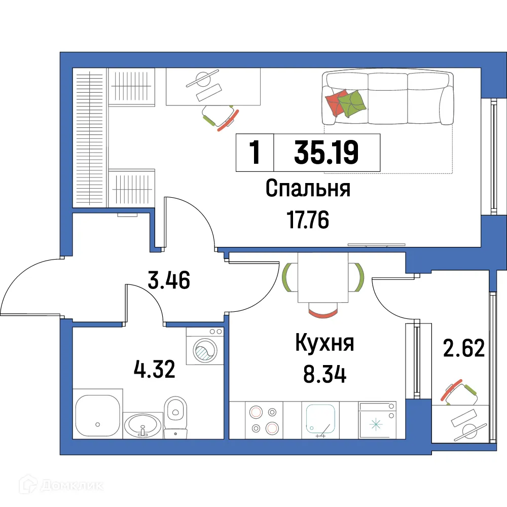 Планировка 1-комнатной квартиры 35.19 м² в ЖК "Урбанист-2", г. Мурино — фото 1