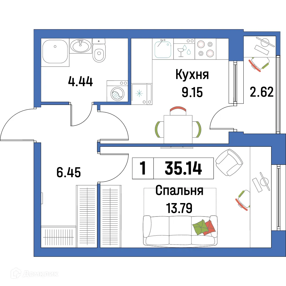 Планировка 1-комнатной квартиры 35.14 м² в ЖК "Урбанист-2", г. Мурино — фото 1