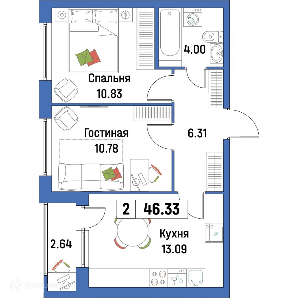 Планировка 2-комнатной квартиры 46.33 м² в ЖК "Урбанист-2", г. Мурино — фото 1