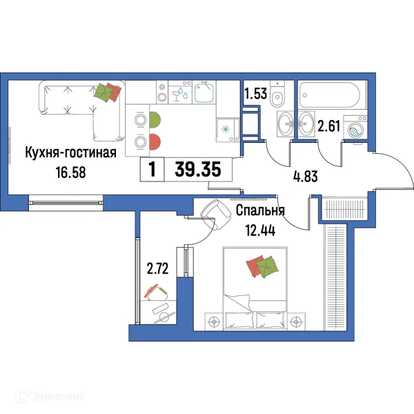 Планировка 1 комн. в ЖК "Урбанист-2"