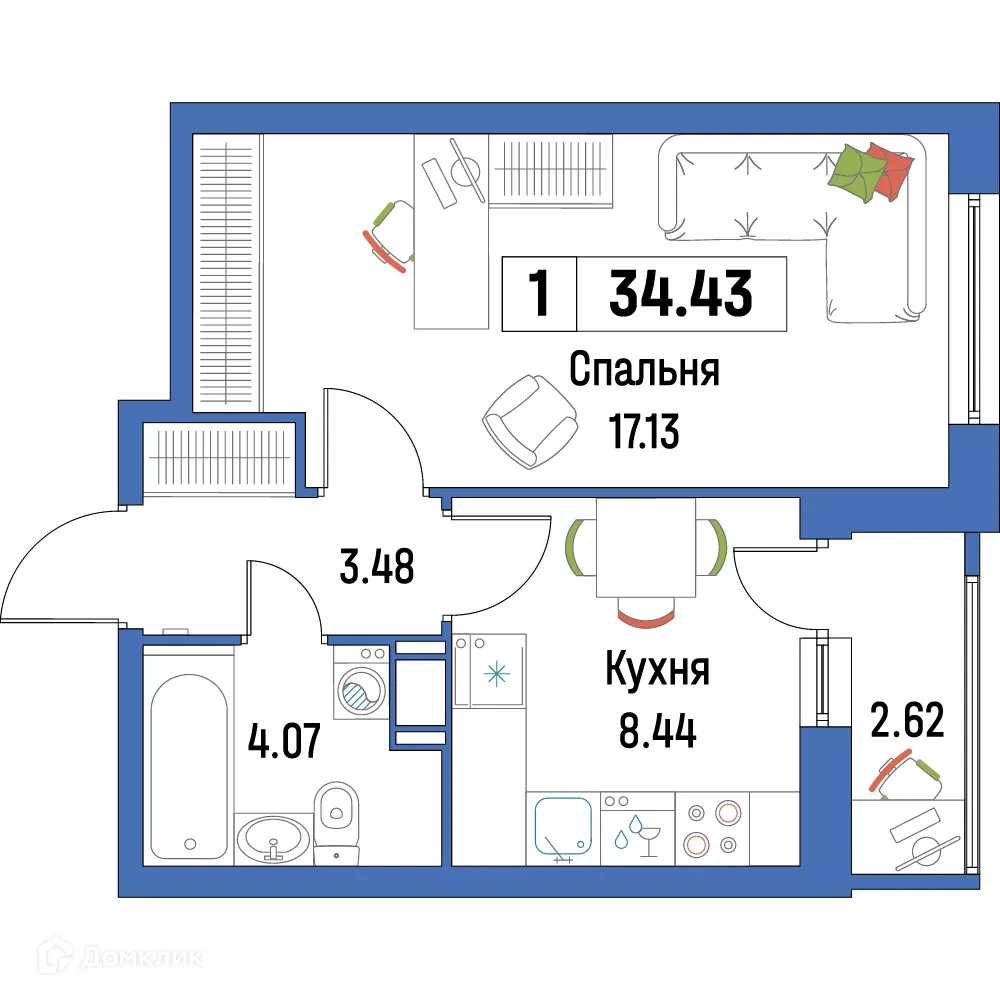 Планировка 1-комнатной квартиры 34.43 м² в ЖК "Урбанист-2", г. Мурино — фото 1