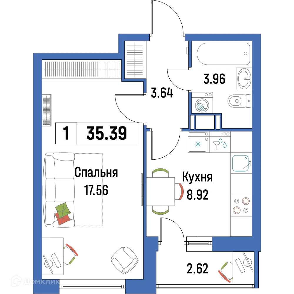Планировка 1-комнатной квартиры 35.39 м² в ЖК "Урбанист-2", г. Мурино — фото 1