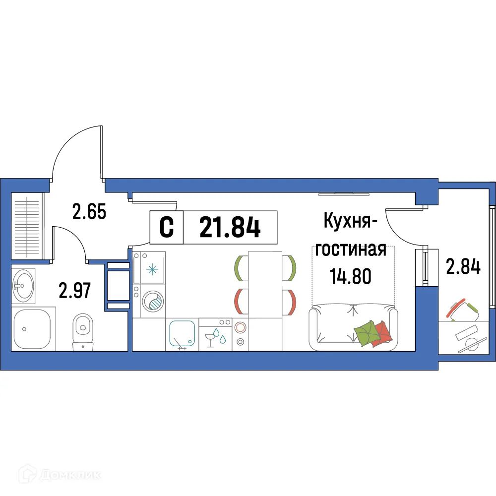 Планировка студии квартиры 21.84 м² в ЖК "Урбанист-2", г. Мурино — фото 1