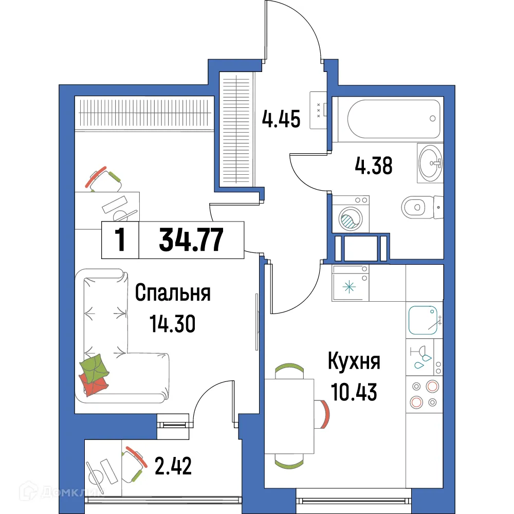 Планировка 1-комнатной квартиры 34.77 м² в ЖК "Урбанист-2", г. Мурино — фото 1