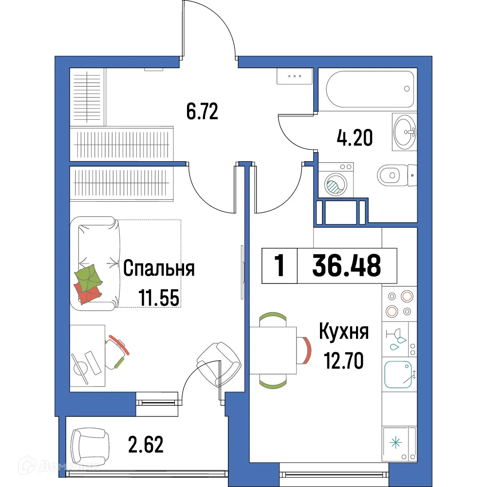 Планировка 1-комнатной квартиры 36.48 м² в ЖК "Урбанист-2", г. Мурино — фото 1