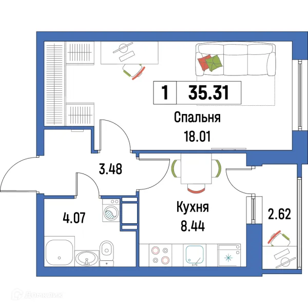 Планировка 1 комн. в ЖК "Урбанист-2"