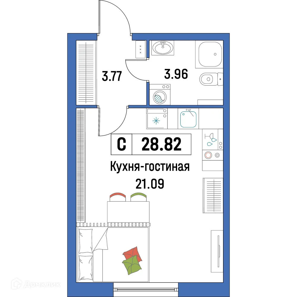 Планировка студии квартиры 28.82 м² в ЖК "Урбанист-2", г. Мурино — фото 1