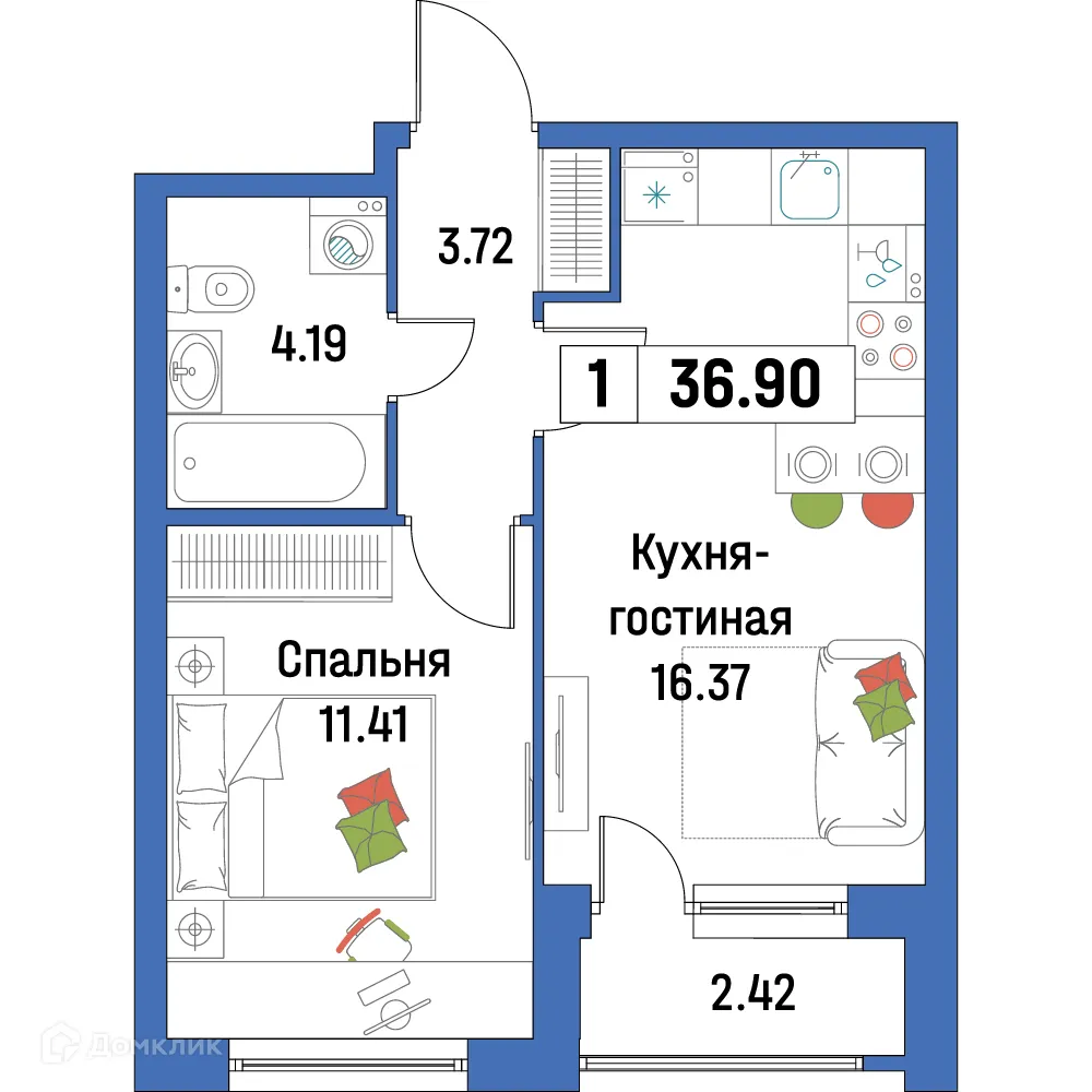 Планировка 1-комнатной квартиры 36.9 м² в ЖК "Урбанист-2", г. Мурино — фото 1