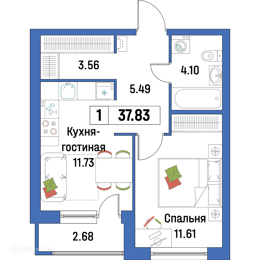 Планировка 1-комнатной квартиры 37.83 м² в ЖК "Урбанист-2", г. Мурино — фото 1