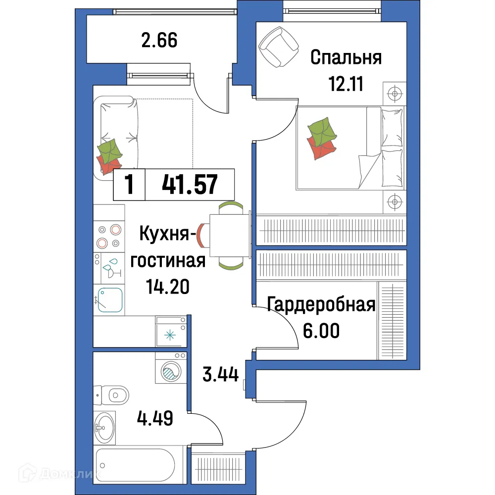 Планировка 1-комнатной квартиры 41.57 м² в ЖК "Урбанист-2", г. Мурино — фото 1