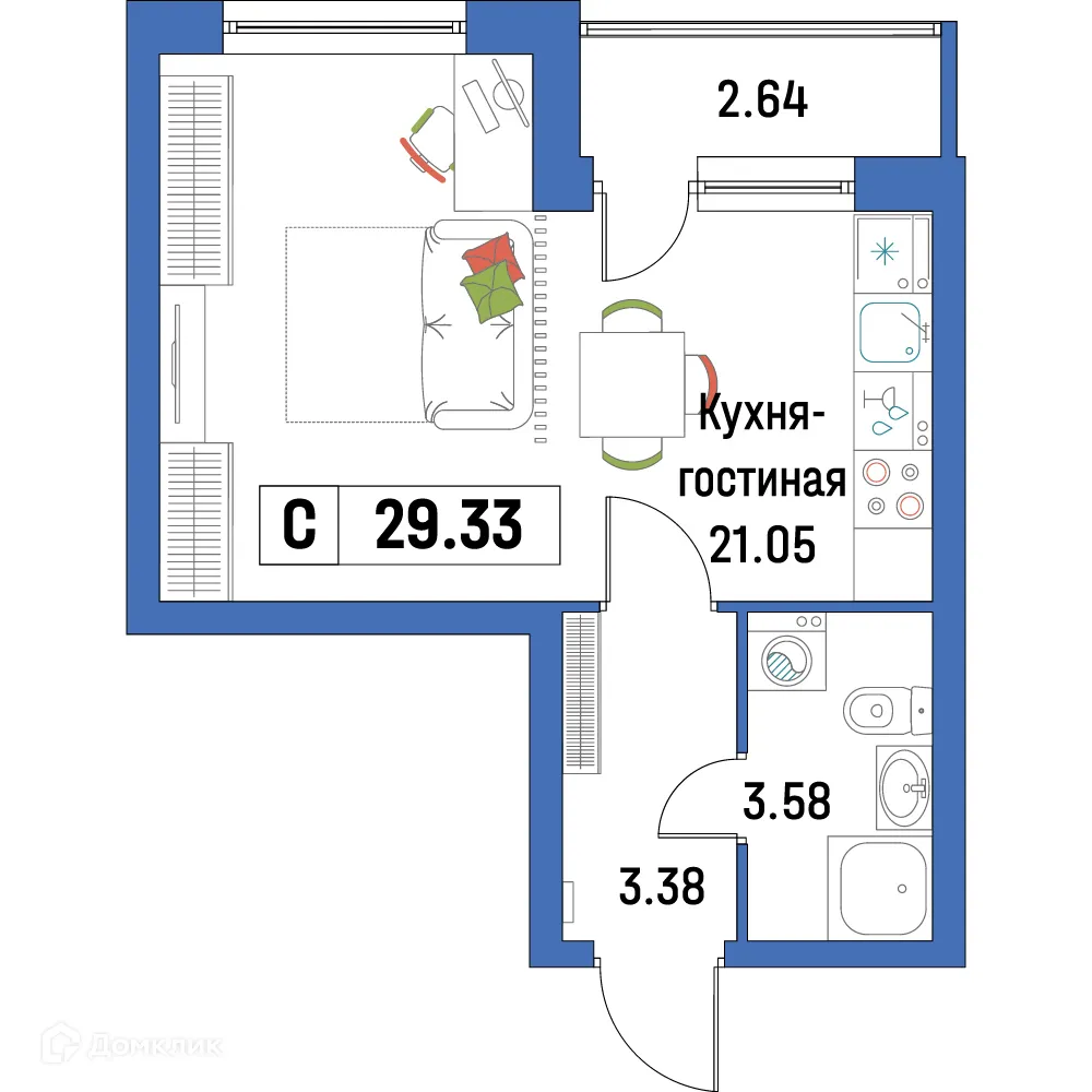 Планировка студии квартиры 29.33 м² в ЖК "Урбанист-2", г. Мурино — фото 1