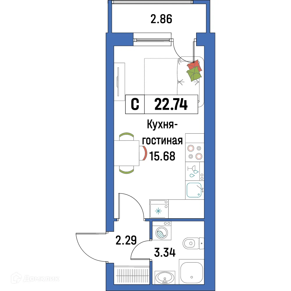 Планировка студии квартиры 22.74 м² в ЖК "Урбанист-2", г. Мурино — фото 1