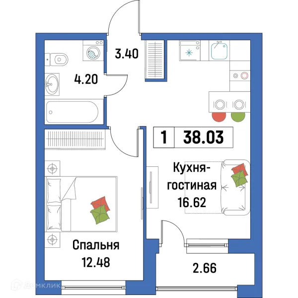 Планировка 1 комн. в ЖК "Урбанист-2"