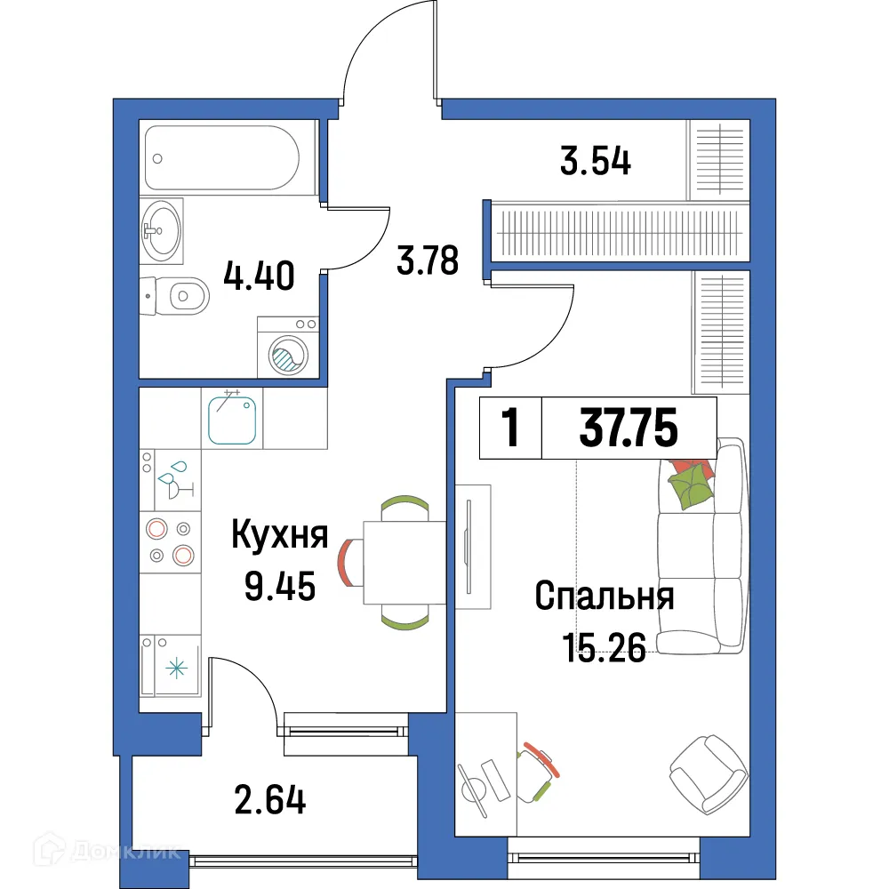 Планировка 1-комнатной квартиры 37.75 м² в ЖК "Урбанист-2", г. Мурино — фото 1