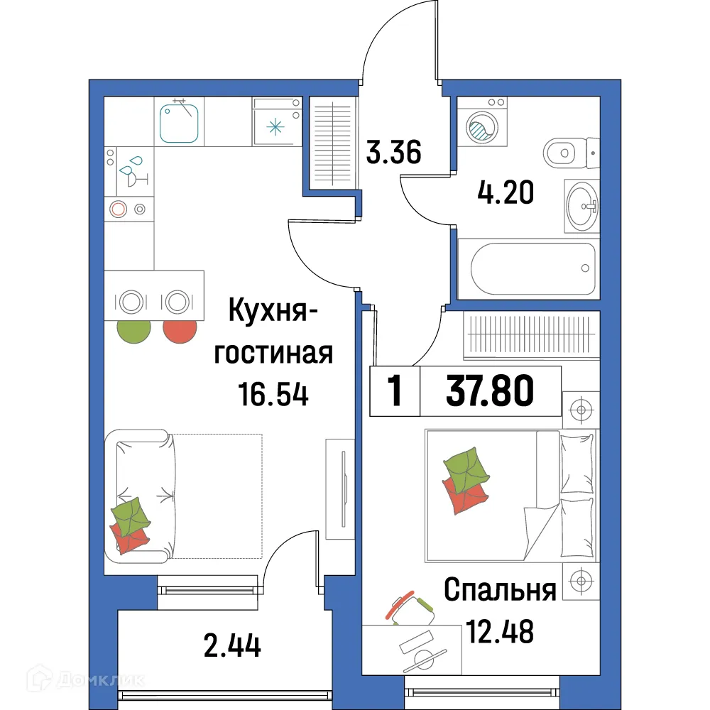 Планировка 1-комнатной квартиры 37.8 м² в ЖК "Урбанист-2", г. Мурино — фото 1