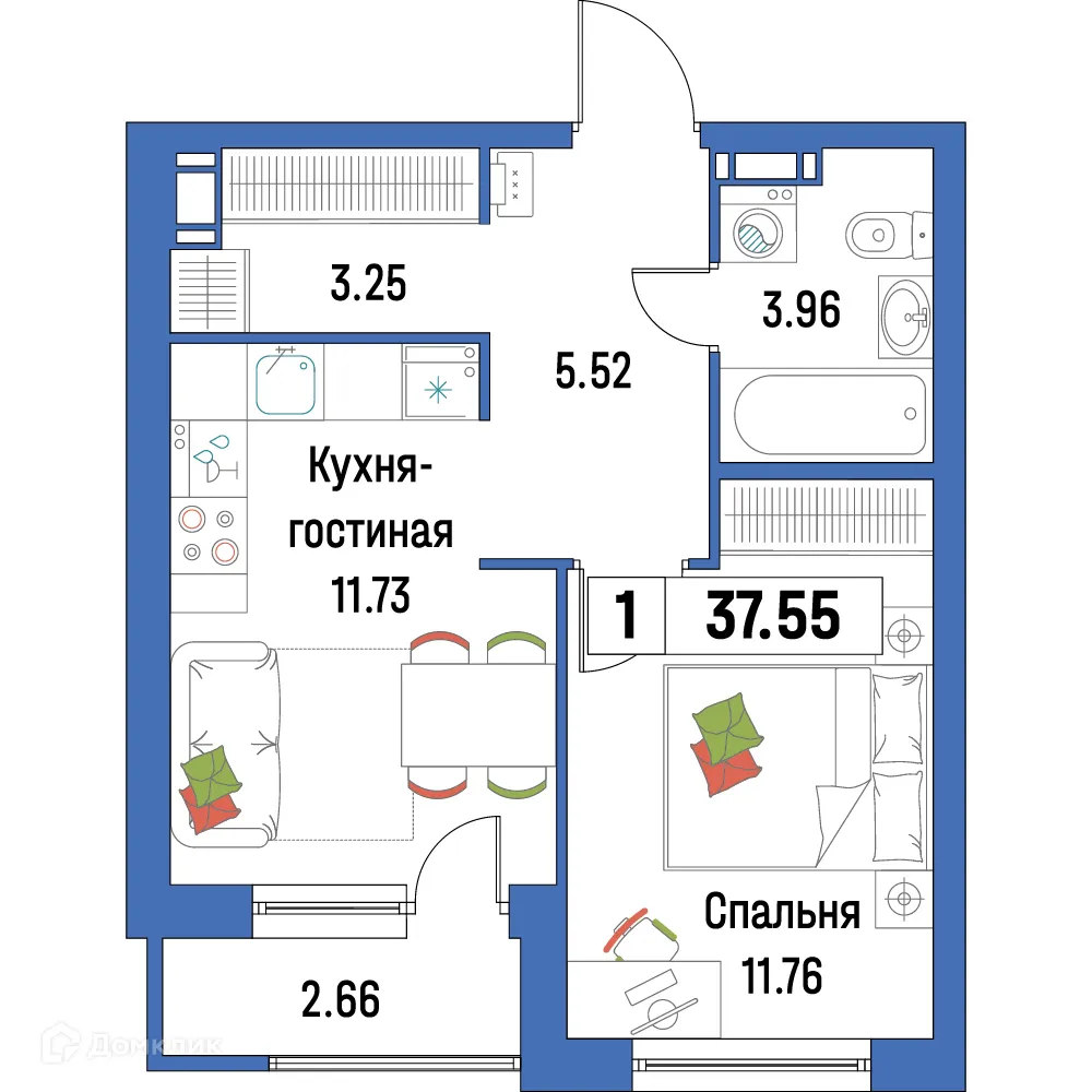 Планировка 1-комнатной квартиры 37.55 м² в ЖК "Урбанист-2", г. Мурино — фото 1