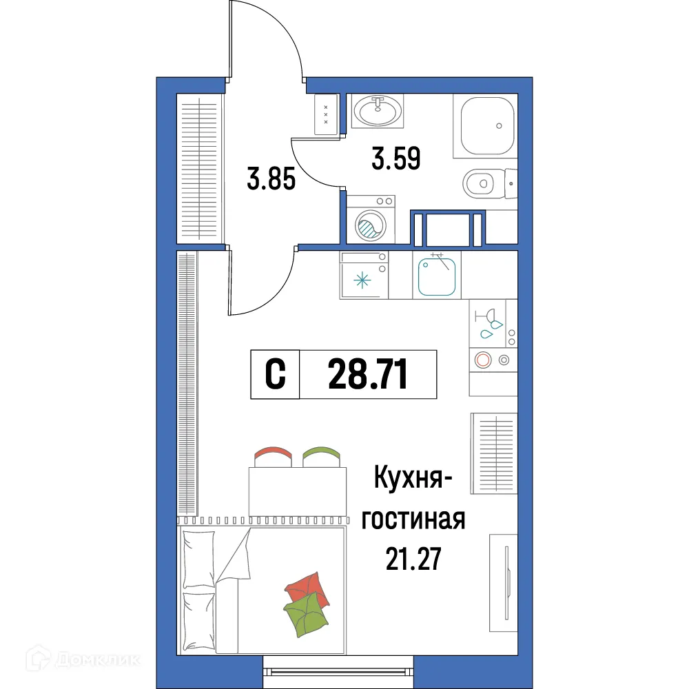 Планировка студии квартиры 28.71 м² в ЖК "Урбанист-2", г. Мурино — фото 1