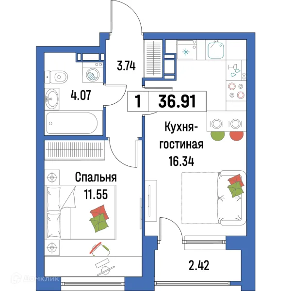 Планировка 1 комн. в ЖК "Урбанист-2"