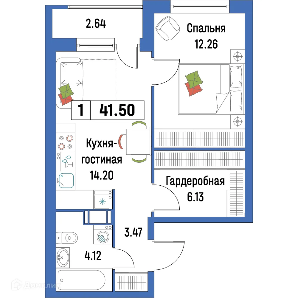 Планировка 1-комнатной квартиры 41.5 м² в ЖК "Урбанист-2", г. Мурино — фото 1