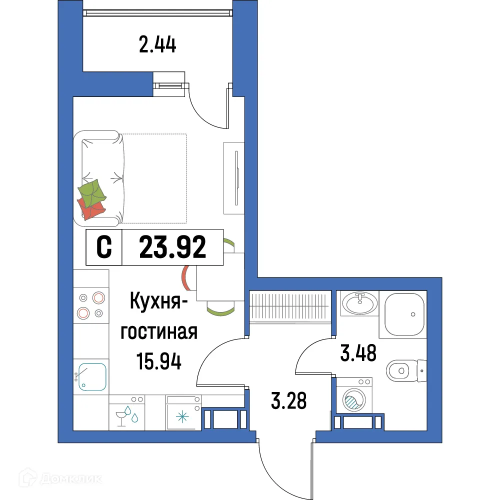 Планировка студии квартиры 23.92 м² в ЖК "Урбанист-2", г. Мурино — фото 1