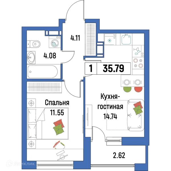 Планировка 1 комн. в ЖК "Урбанист-2"