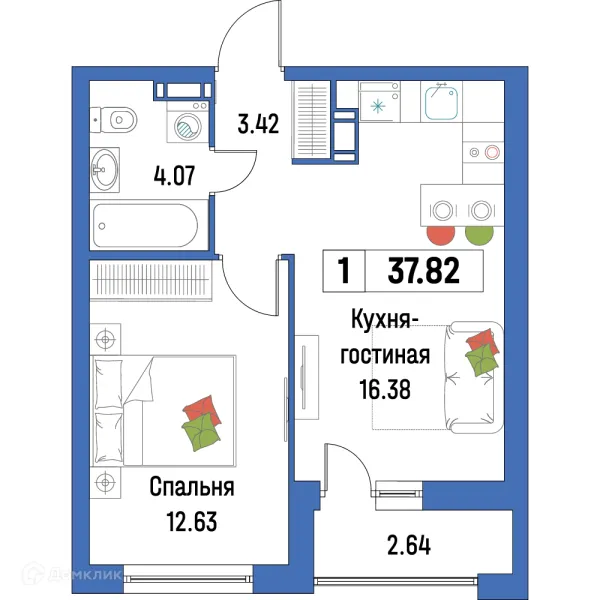 Планировка 1 комн. в ЖК "Урбанист-2"