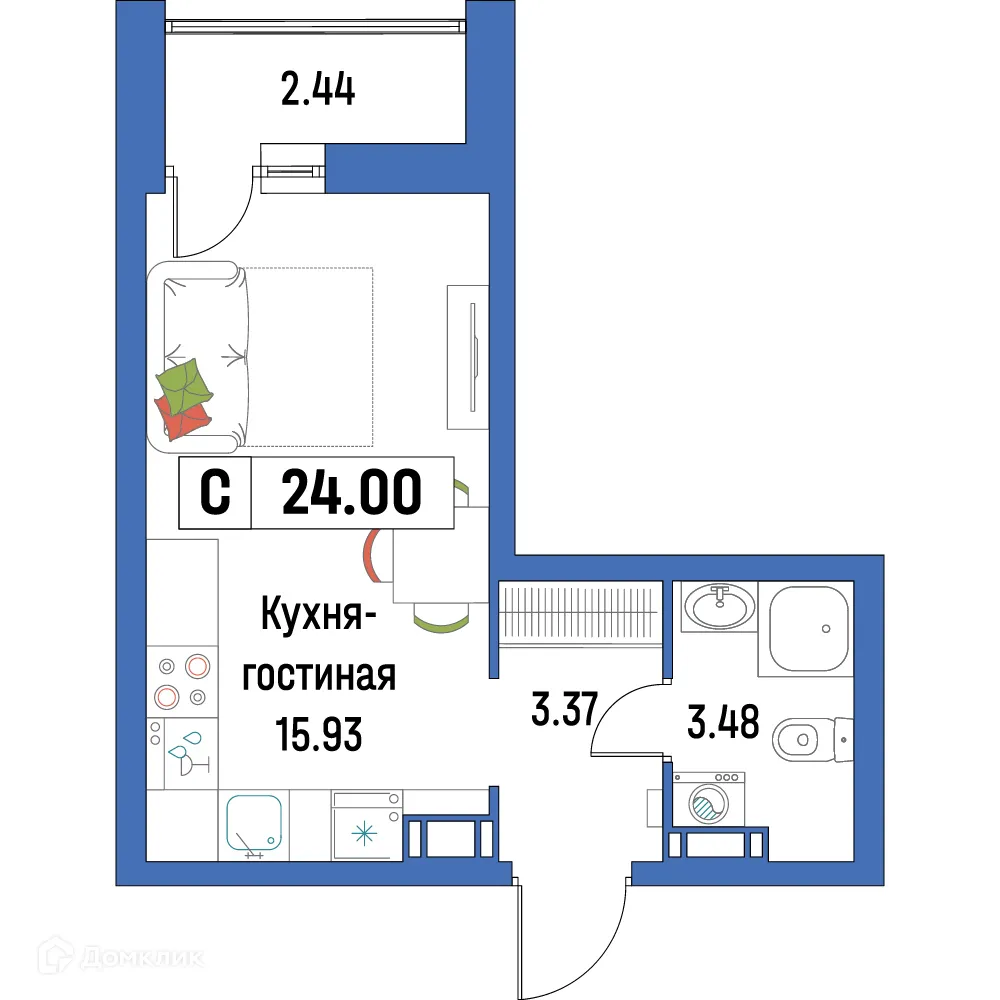 Планировка студии квартиры 24 м² в ЖК "Урбанист-2", г. Мурино — фото 1