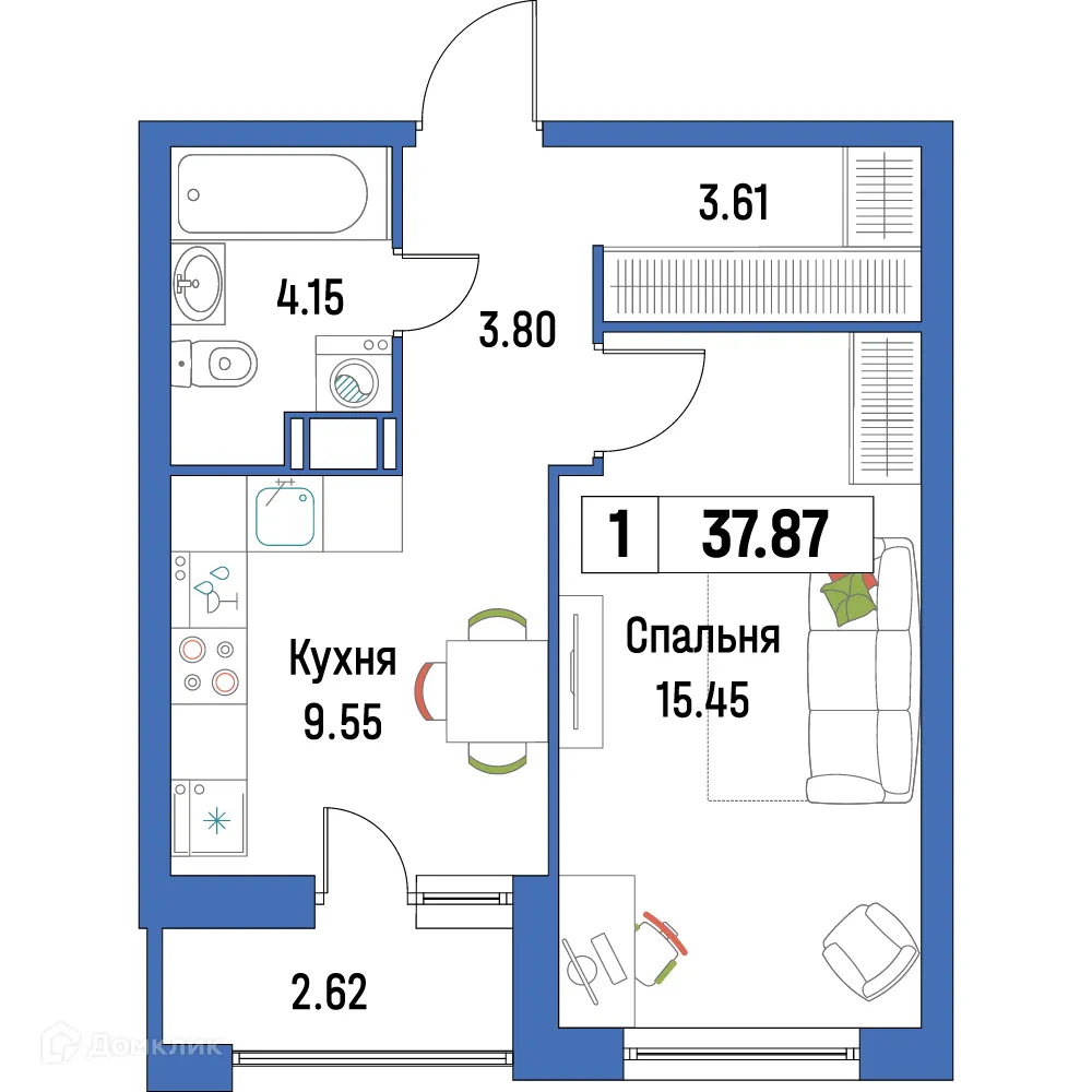 Планировка 1-комнатной квартиры 37.87 м² в ЖК "Урбанист-2", г. Мурино — фото 1