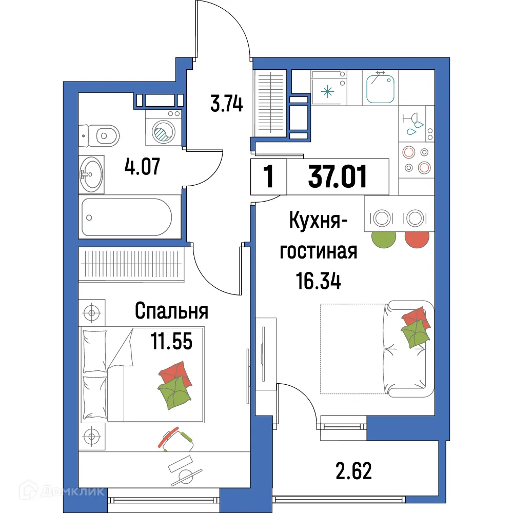 Планировка 1-комнатной квартиры 37.01 м² в ЖК "Урбанист-2", г. Мурино — фото 1