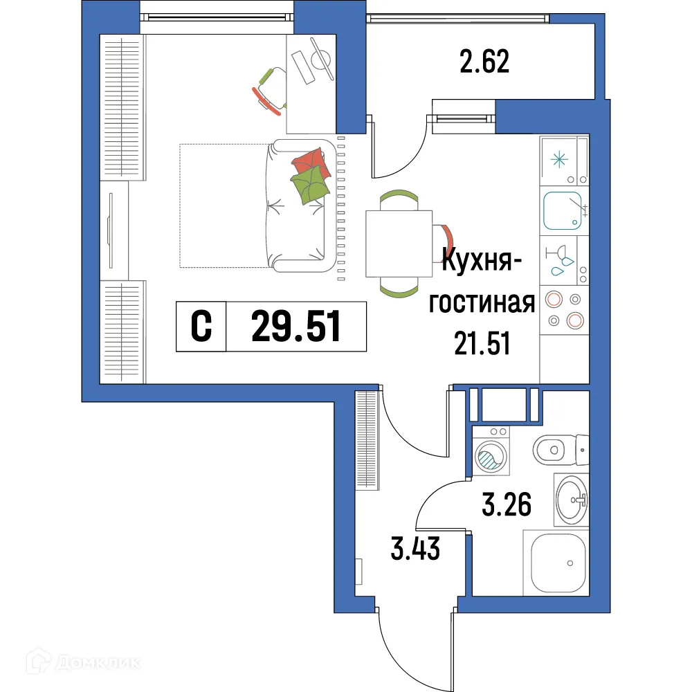 Планировка студии квартиры 29.51 м² в ЖК "Урбанист-2", г. Мурино — фото 1