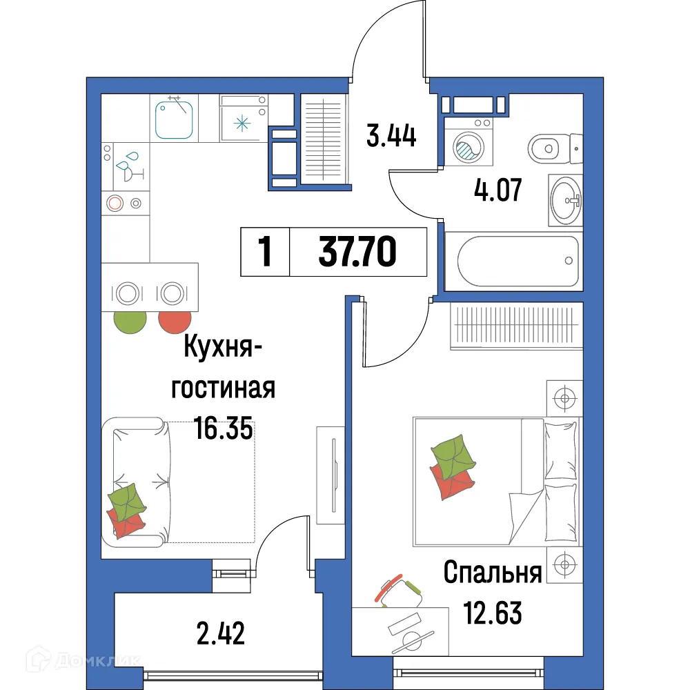 Планировка 1-комнатной квартиры 37.7 м² в ЖК "Урбанист-2", г. Мурино — фото 1