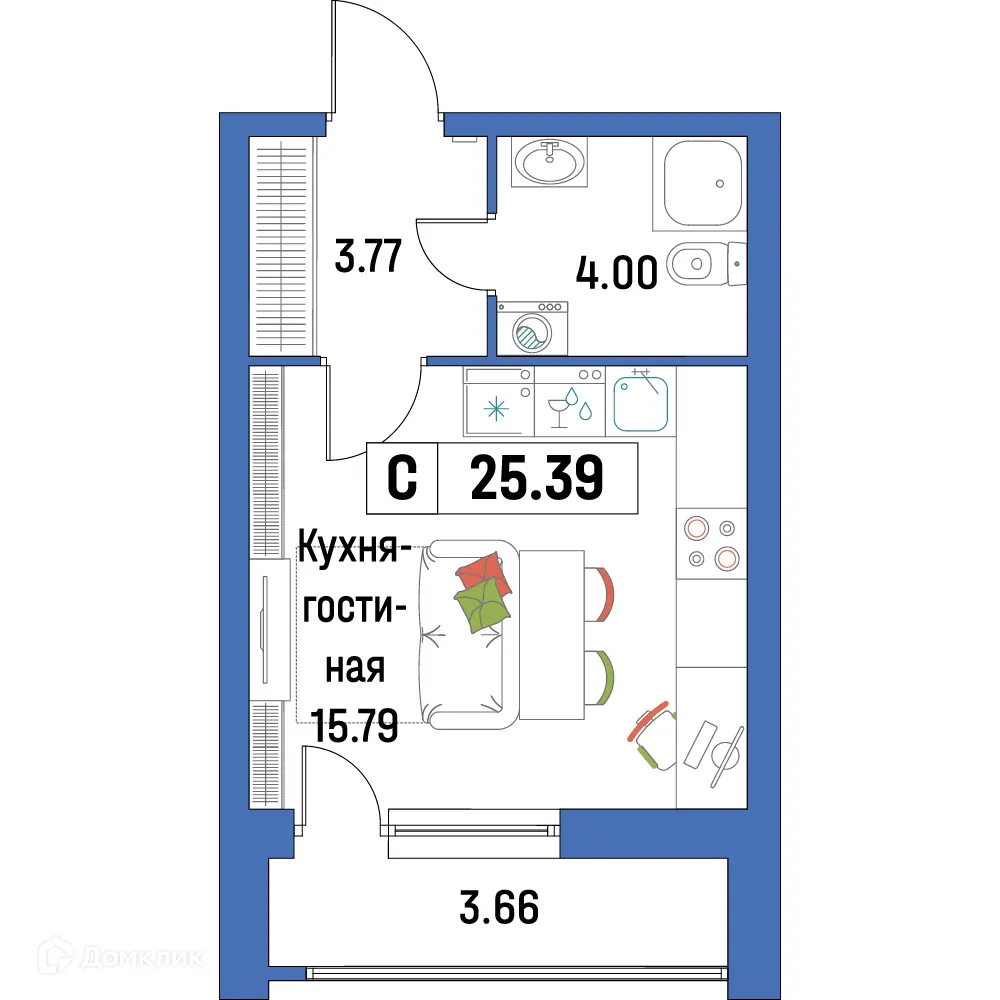 Планировка студии квартиры 25.39 м² в ЖК "Урбанист-2", г. Мурино — фото 1