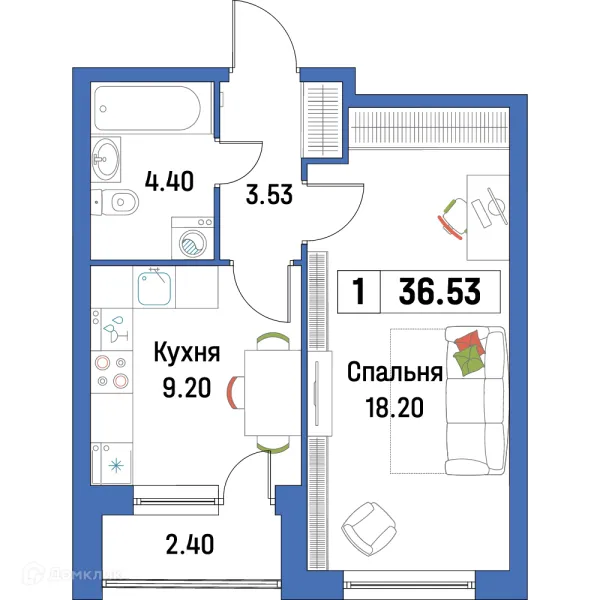 Планировка 1 комн. в ЖК "Урбанист-2"