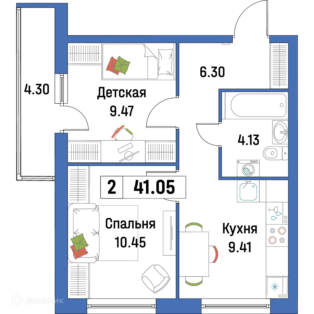 Планировка 2-комнатной квартиры 41.05 м² в ЖК "Урбанист-2", г. Мурино — фото 1