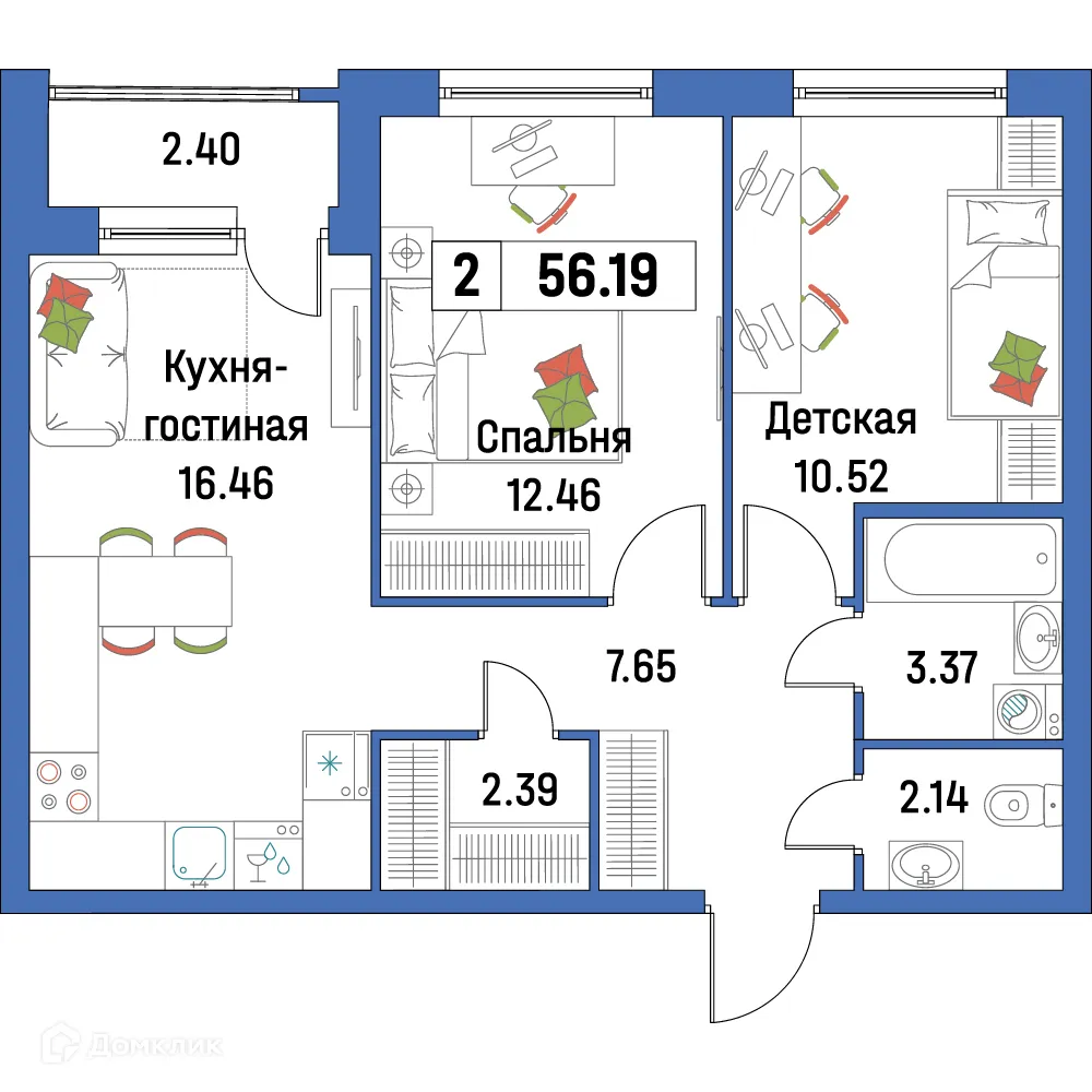 Планировка 2-комнатной квартиры 56.19 м² в ЖК "Урбанист-2", г. Мурино — фото 1